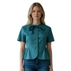 TULLE Turquoise Short Sleeve Linen Blend Jacket